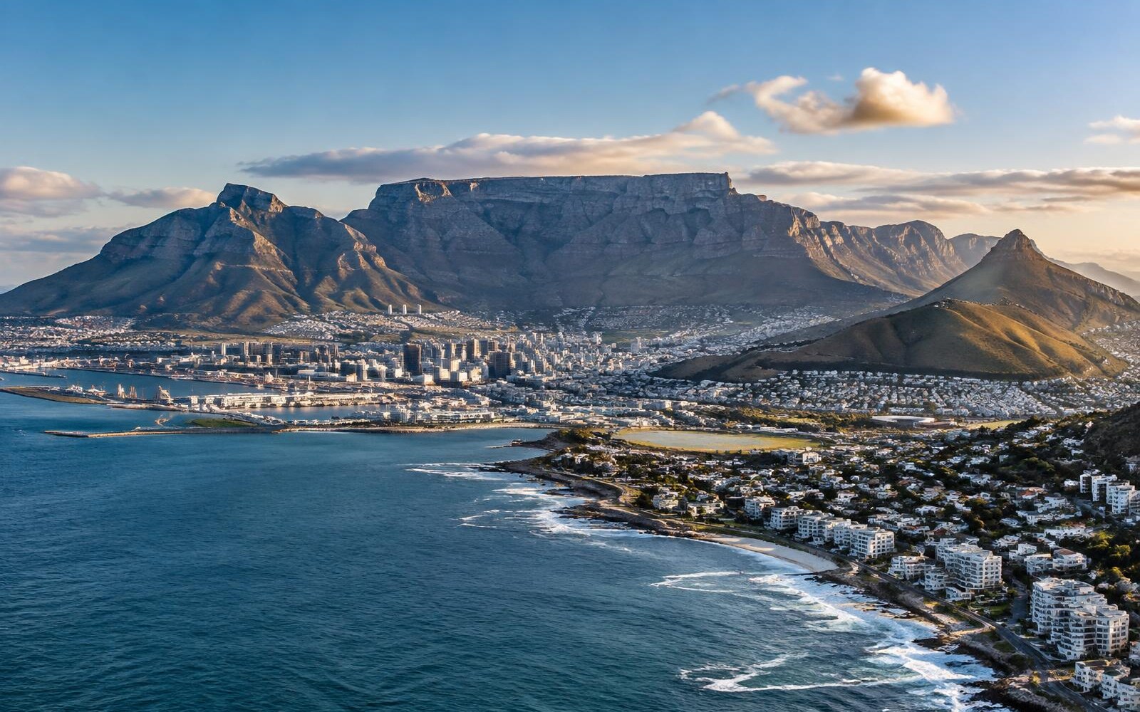 Cape Town coastline, City Bowl and harbour with Table Mountain clearly visible